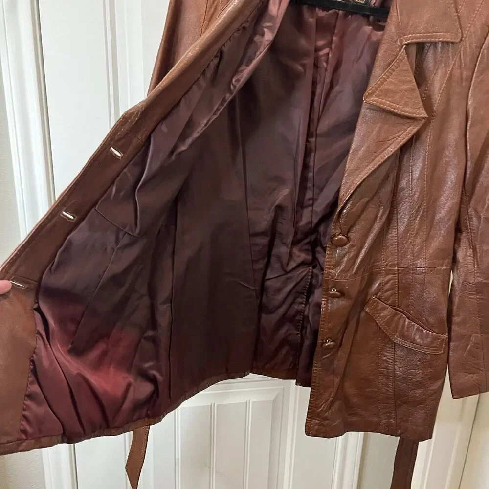 Women's Breton Brown Genuine Leather Western Button Belted Jacket Size L Boho
